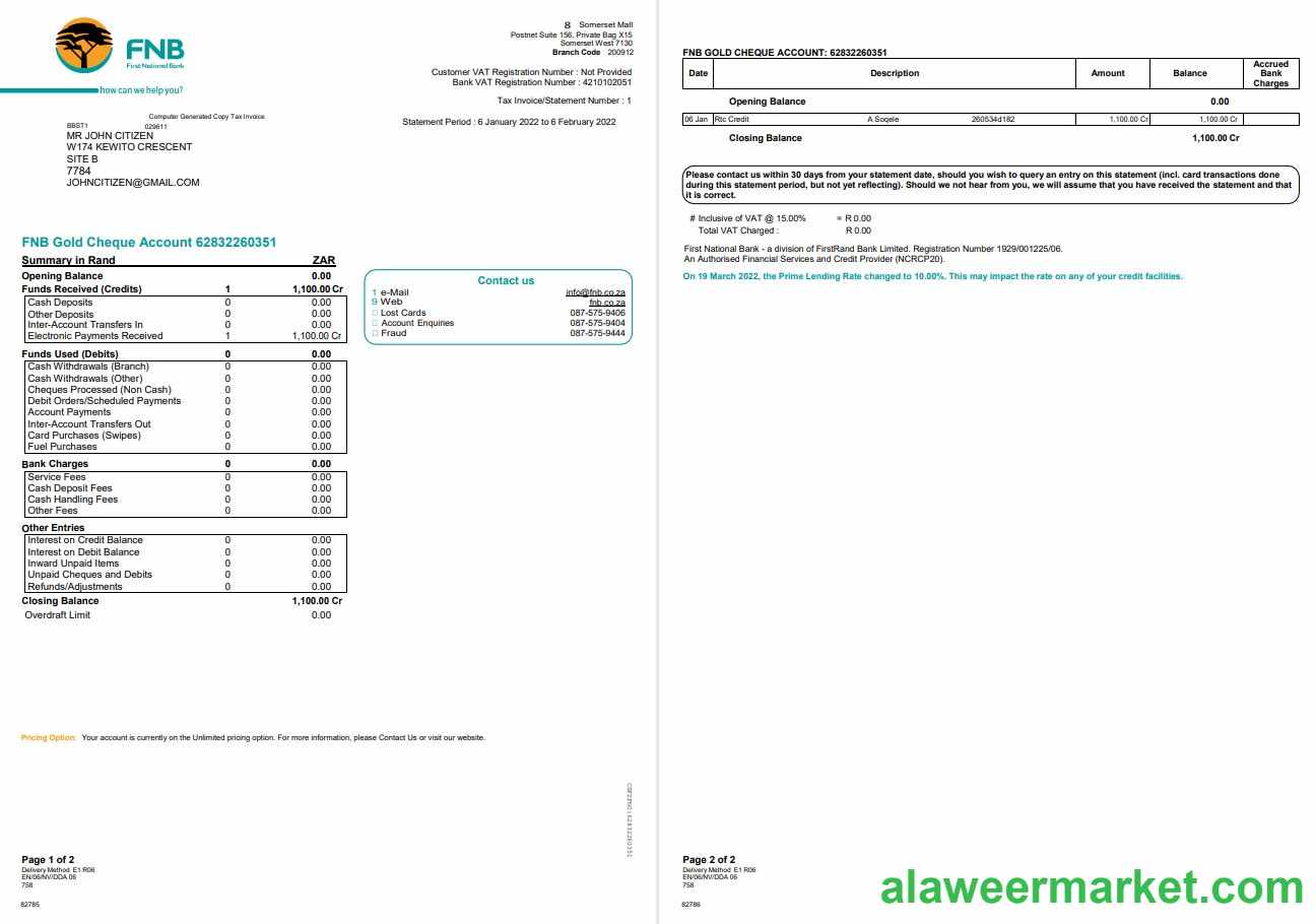 South Africa FNB bank statement 2 pages